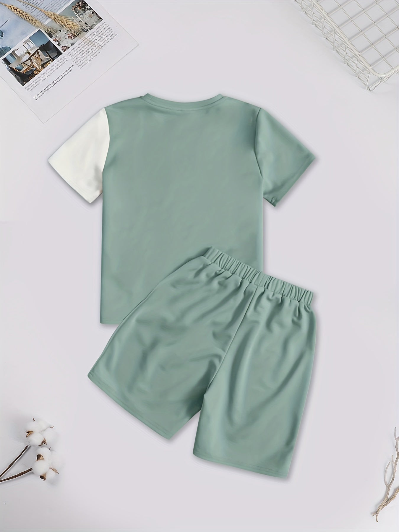 2pcs Boy's Trendy Color Block Short-sleeve Outfit,