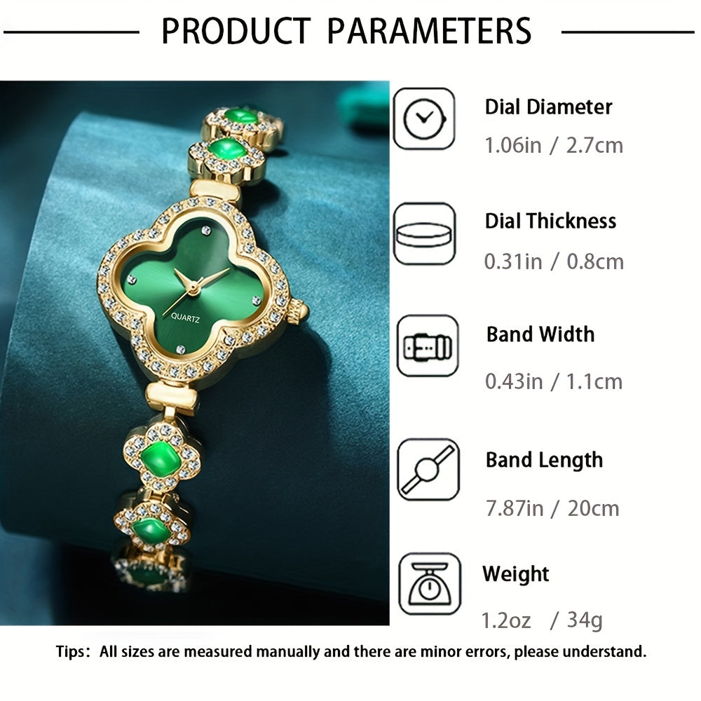 Clover Pointer Quartz Watch - Elegant Baroque Rhinestone Analog Wrist Watch with 4pcs Jewelry Set, Perfect Gift for Mom, Her, or Yourself, Ideal for Any Occasion