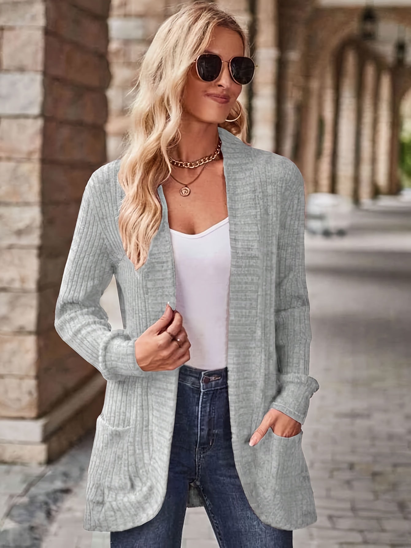 1pc Women'S Solid Color Polyester Cardigan Jacket with Pockets,