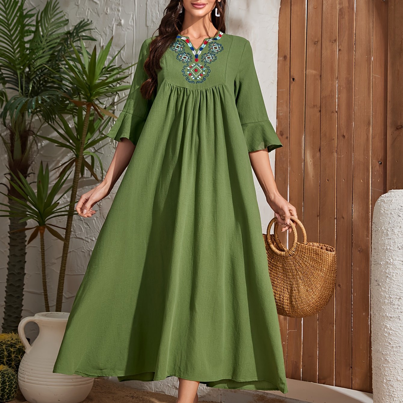 Embroidered V Neck Kaftan Dress, Elegant Half Sleeve .MH