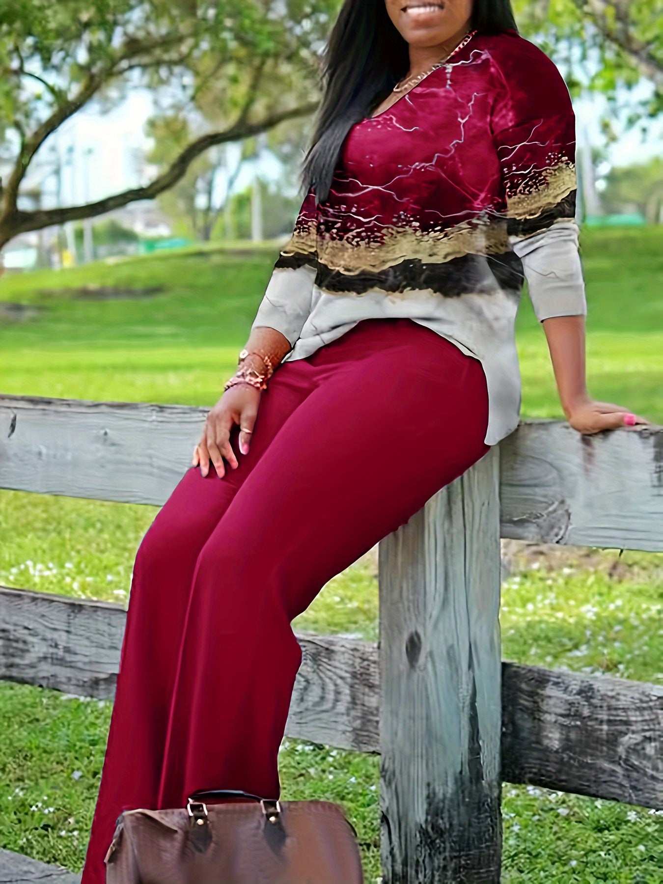 All Over Print Two-piece Set, V Neck Long Sleeve Top & Wide Leg Pants Outfits, Women's Clothing