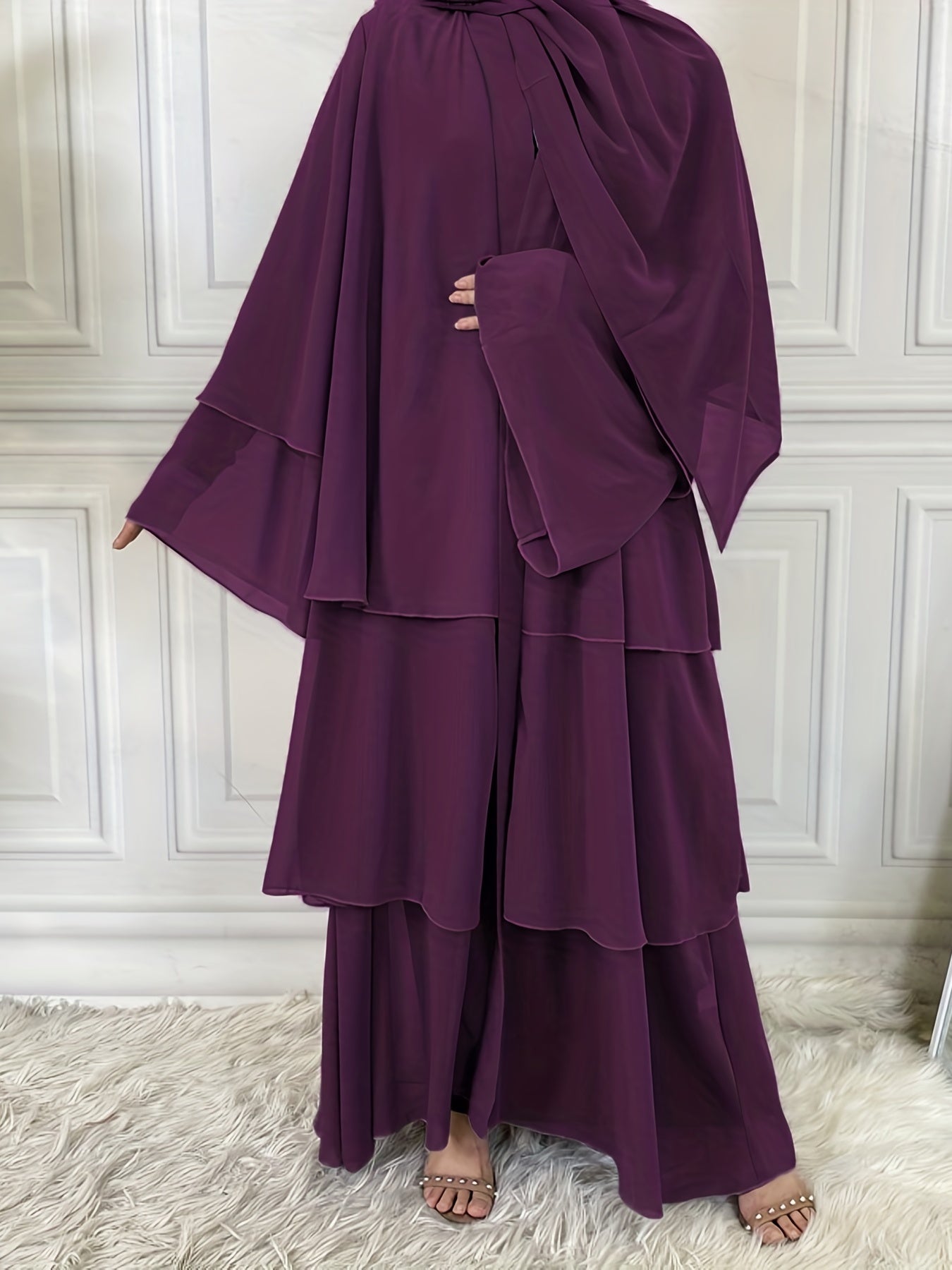 Layered Open Front Modest Dress, Long Sleeve Muslim Dress'/MH