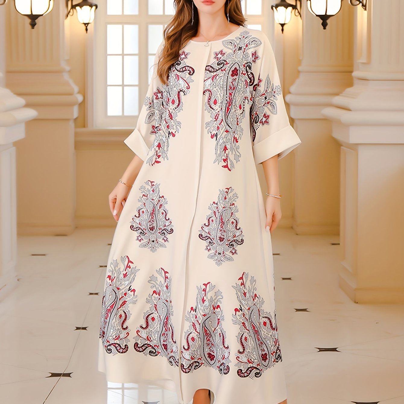 Elegant Beaded Paisley Maxi Dress - Loose Fit, /MH