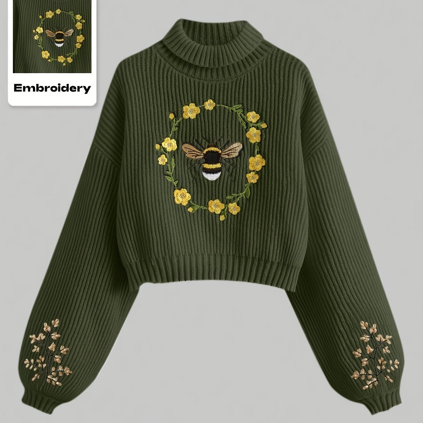 Women's Embroidered Bee and Floral Lantern Sleeve Sweater.