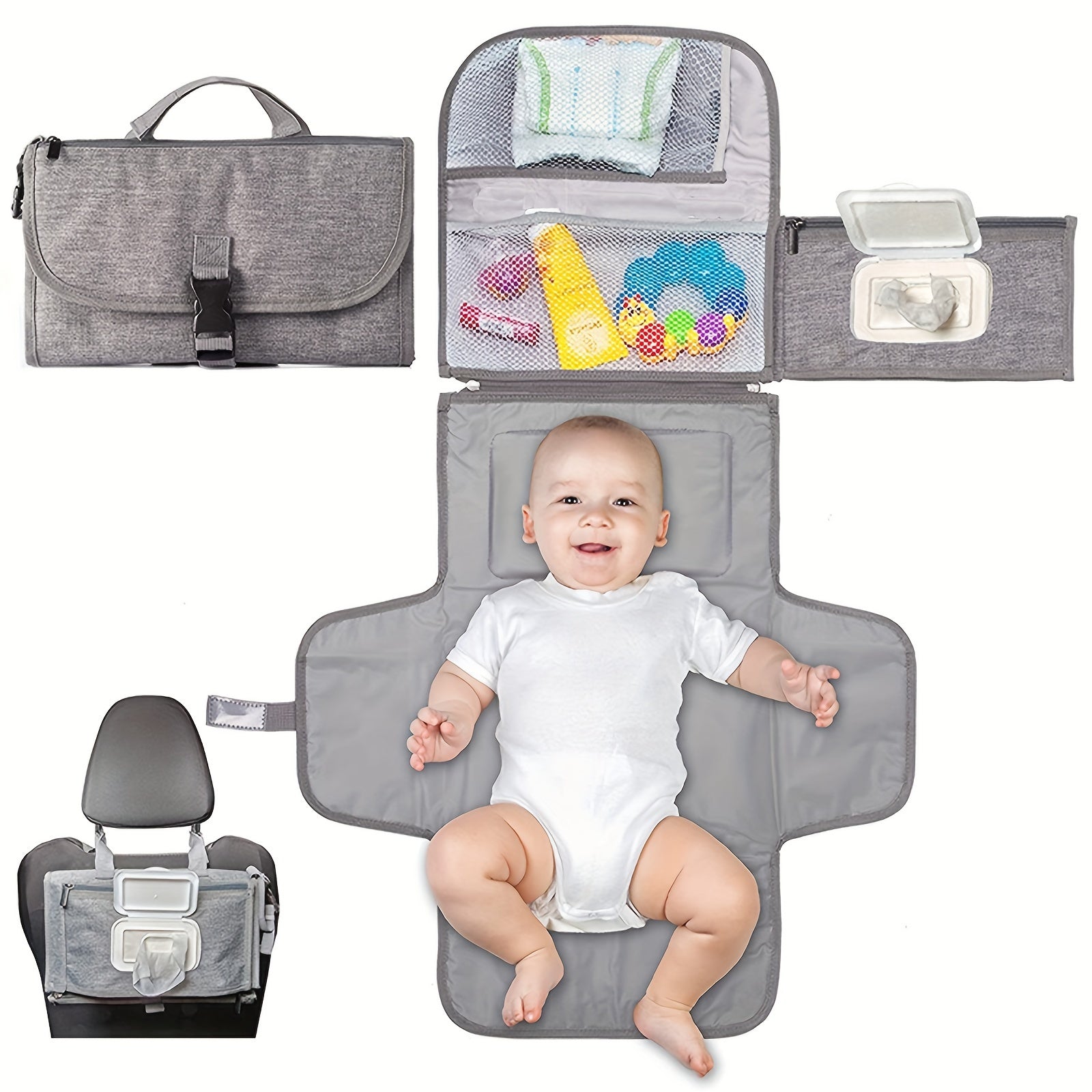 Portable Diaper Changing Pad With Built-in Head Cushion, Newborn Baby Changing Pad With Smart Wipes Pocket, Waterproof Travel Changing Mat Station Kit, Baby Diaper Bag Shower Gift For Boys And Girls, Halloween, Thanksgiving A