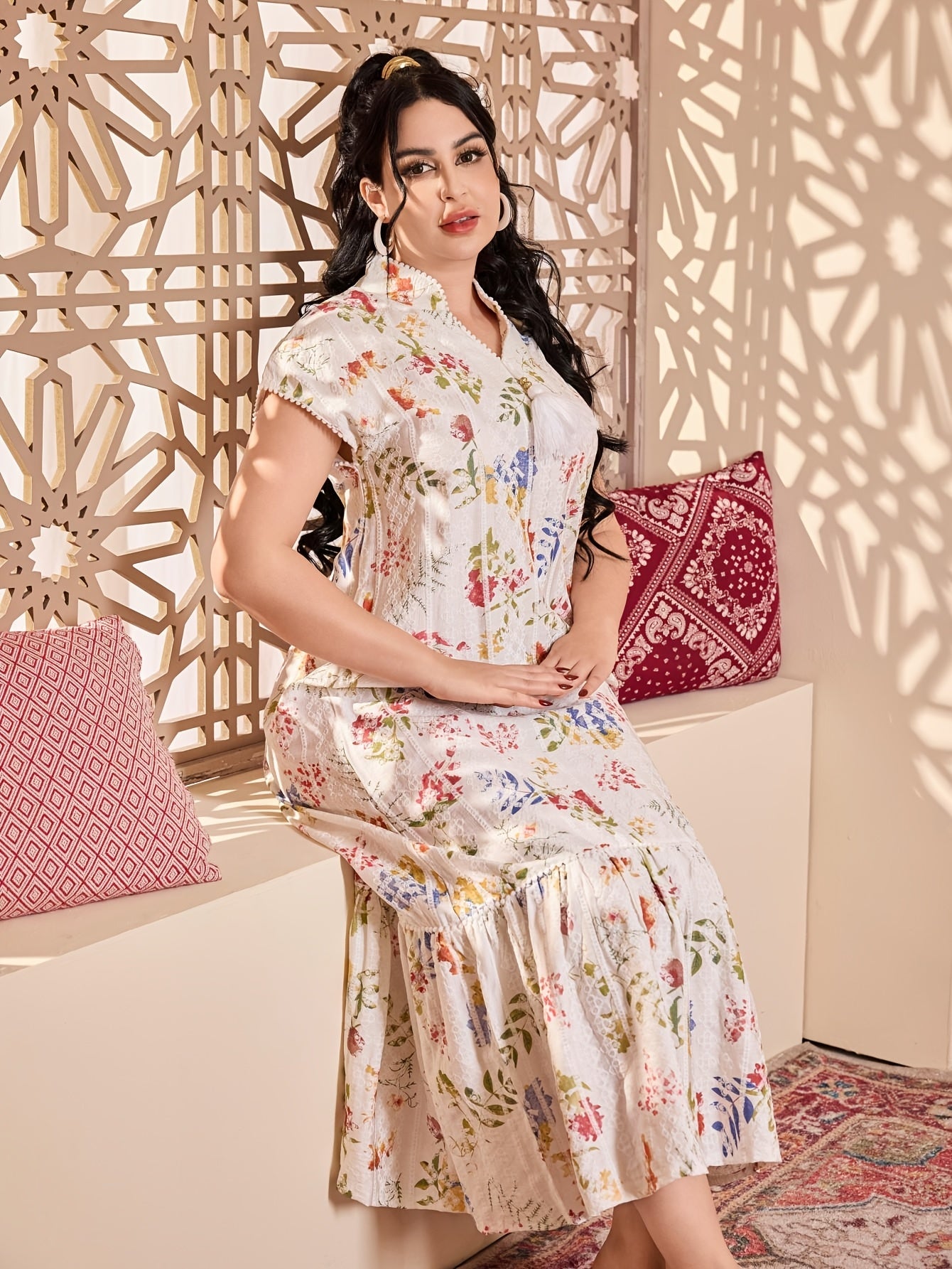 [Floral Jalabia Dress] Floral Print Elegant Jalabia Dress | V-Neck,/MH