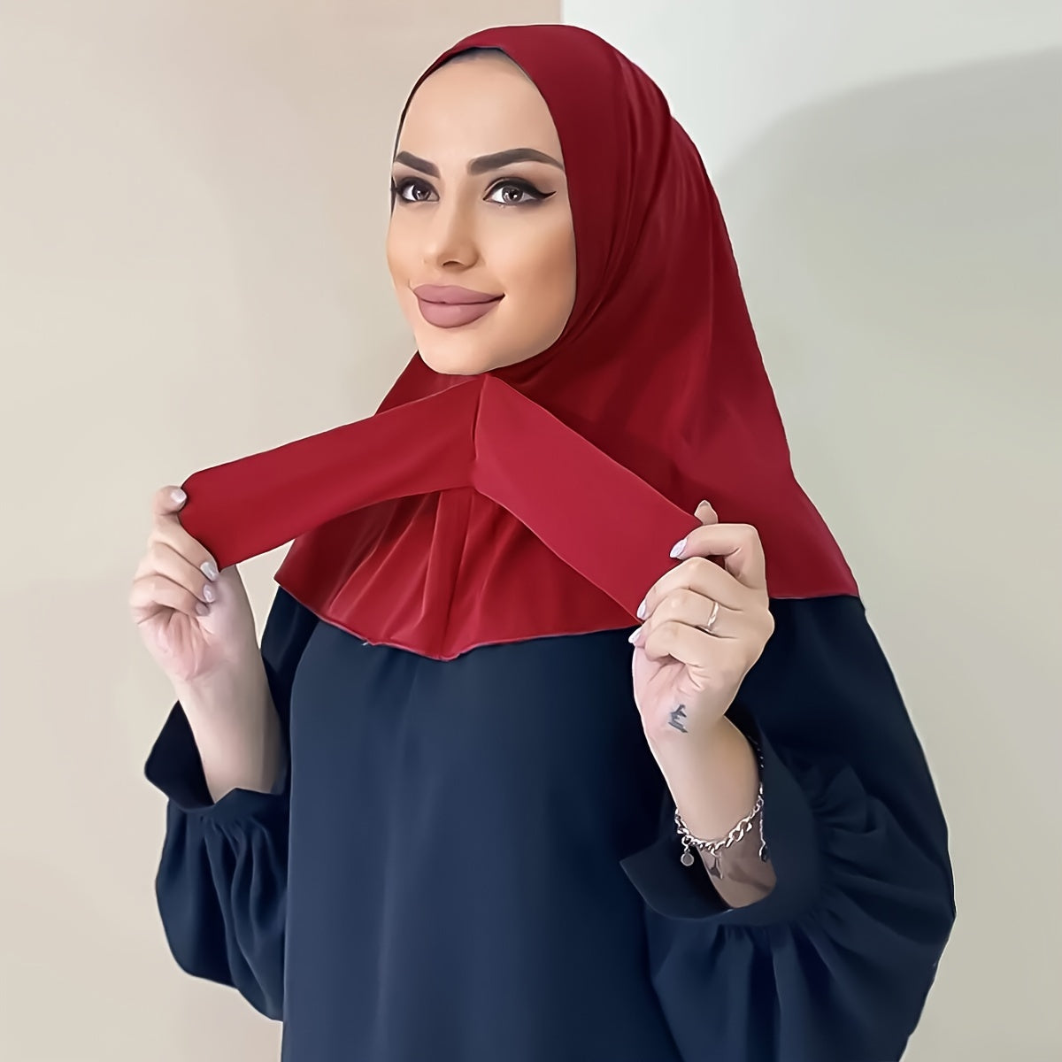 Solid Color Hijab Snap Button Adjustable Headscarf Casual Elastic '/MH