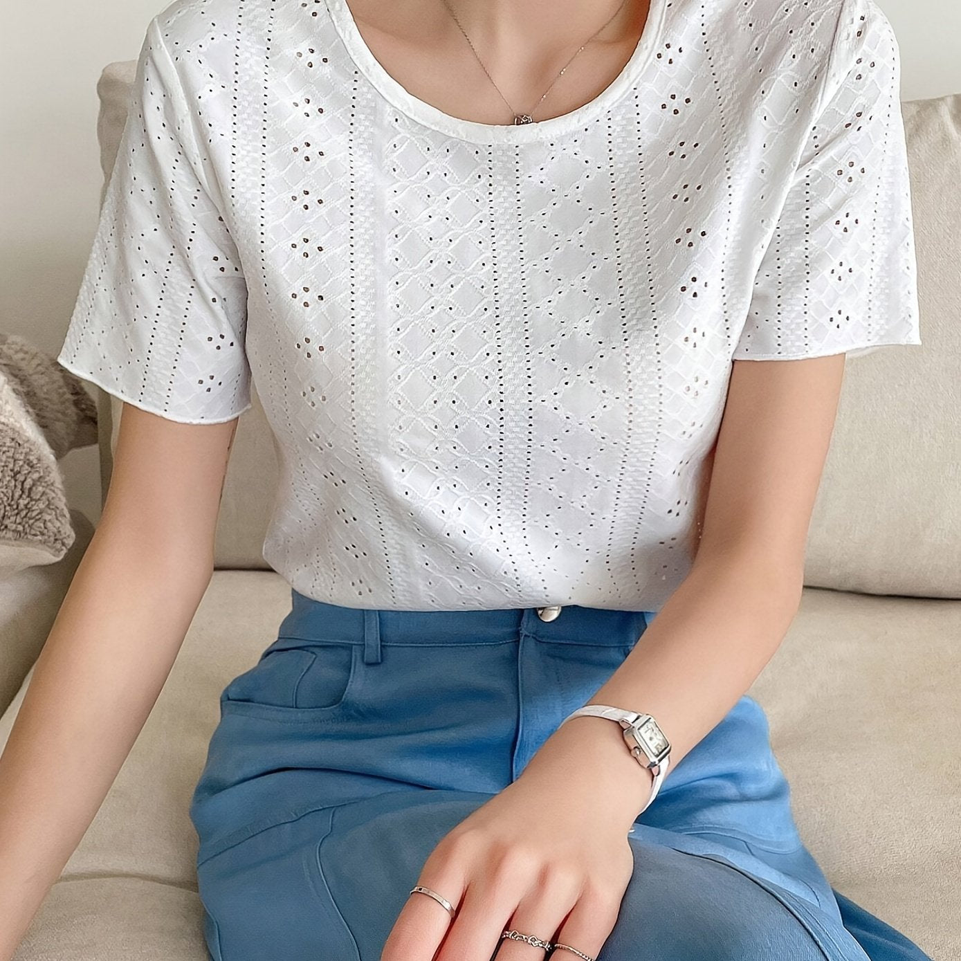 Eyelet Embroidery T-Shirt, Short Sleeve Crew Neck Summer Casual Top, Women's Clothing