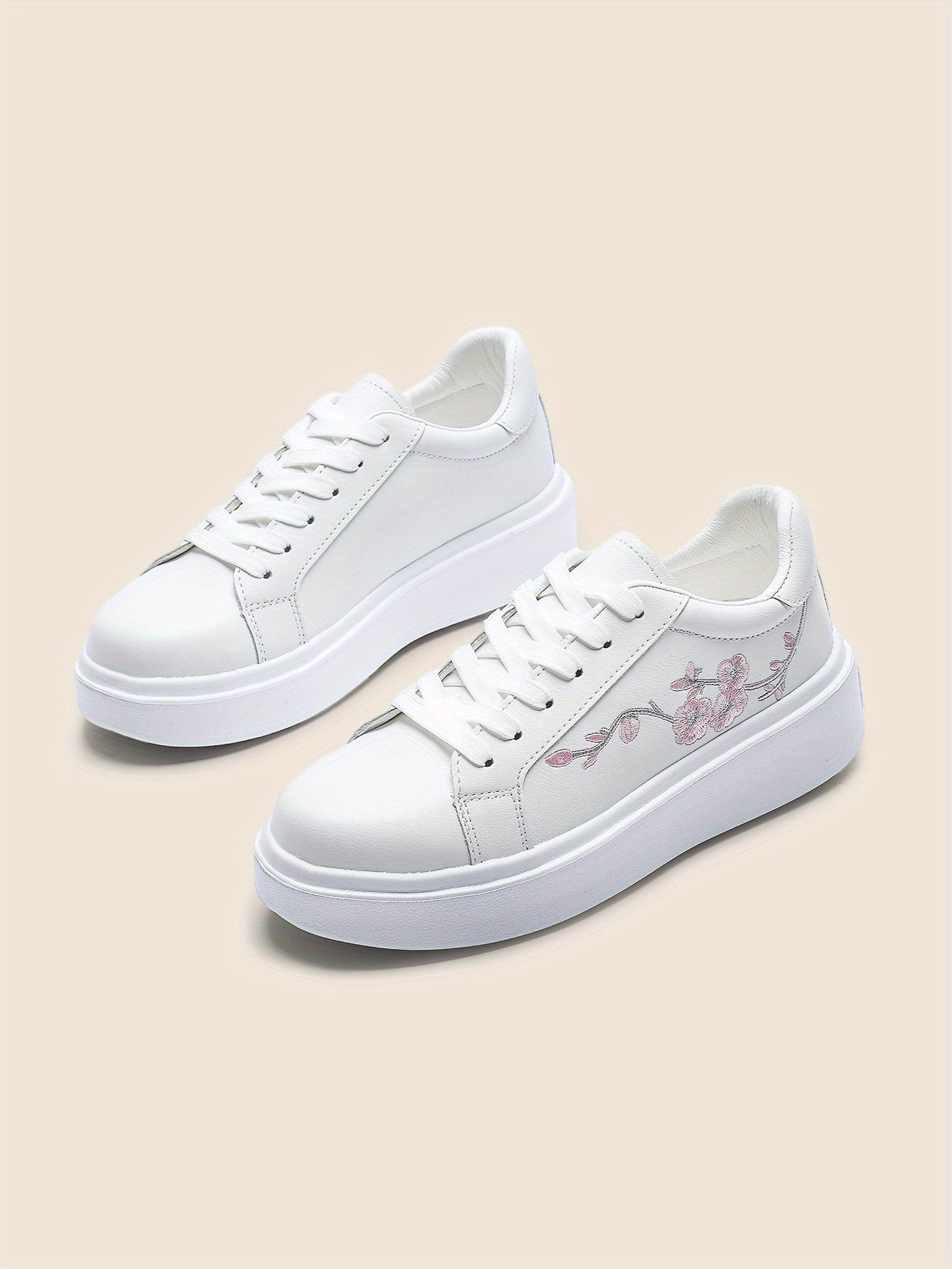 Women's White Low-Top Lace-Up Sneakers with Floral Embroidery,