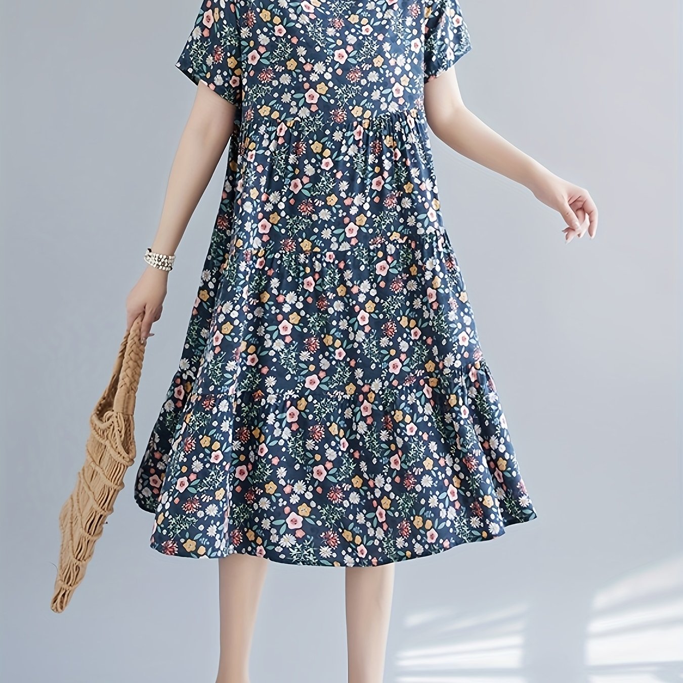 Paisley Print Crew Neck Dress, Casual Short Sleeve Loose Fit Dress./MH