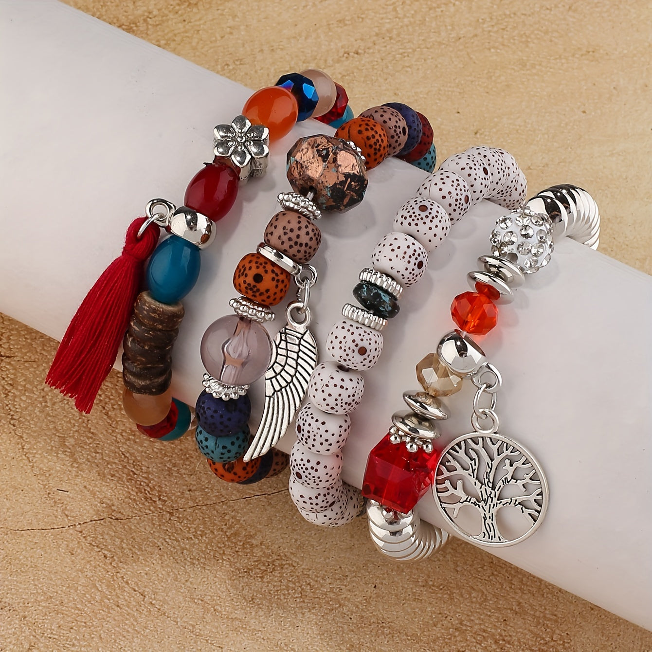 4pcs/set Bohemian Hand String, Tree Of Life Feather Wings Pendant Bracelet, Tassel Couple Handmade Unisex Bracelet, Father's Day Gift