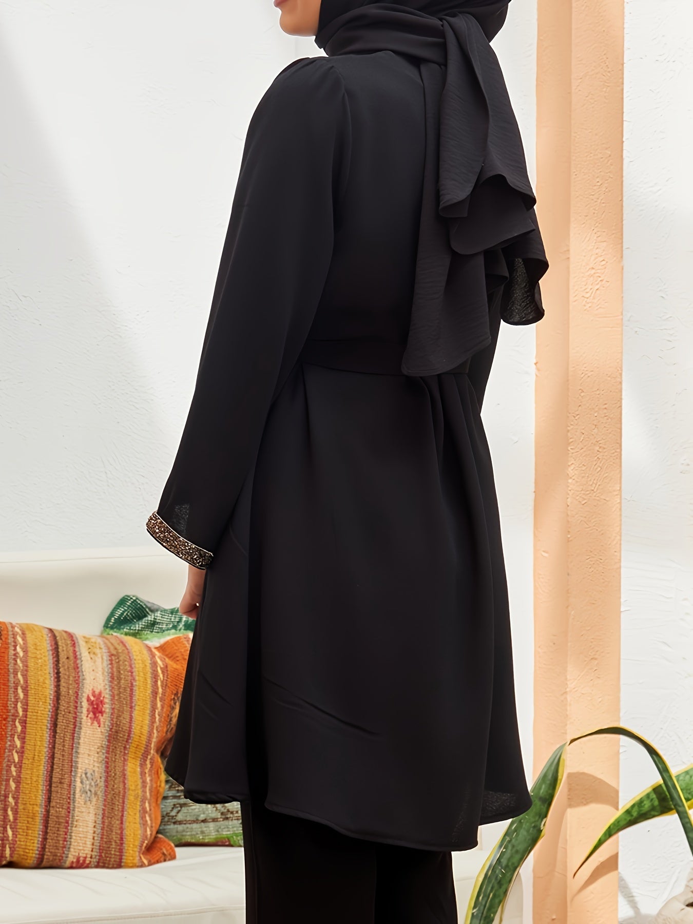 Contrast Trim Belted Button Front Kaftan Shirt, /MH