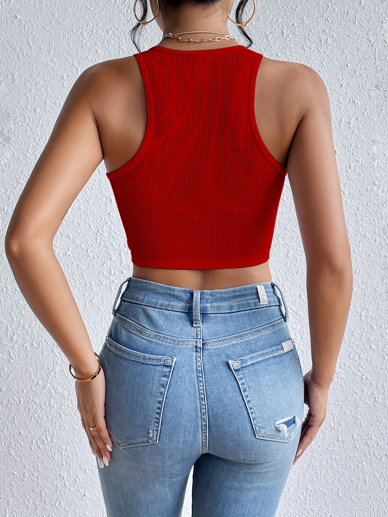 Solid Ribbed Crop Tank Top, Casual Sleeveless Basic Summer Top, Women's Clothing