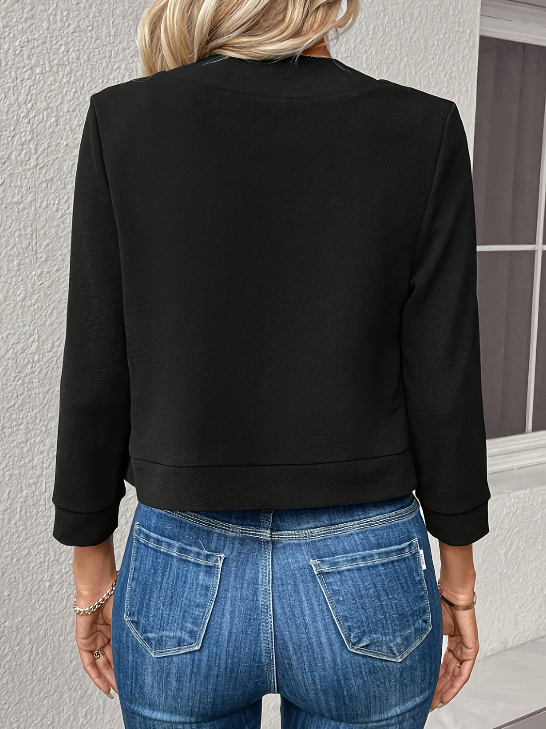 Solid Color Open Front Blazer, Elegant Long Sleeve Blazer.