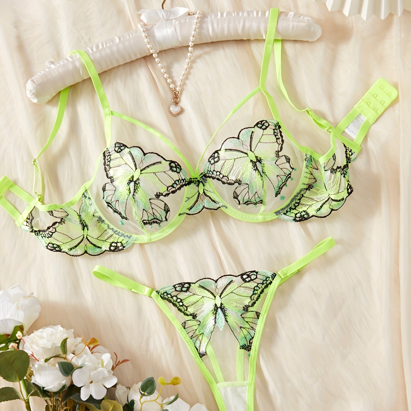 Butterfly Embroidery Mesh Lingerie Set, Strappy Plunge Bra & Thong, /MH