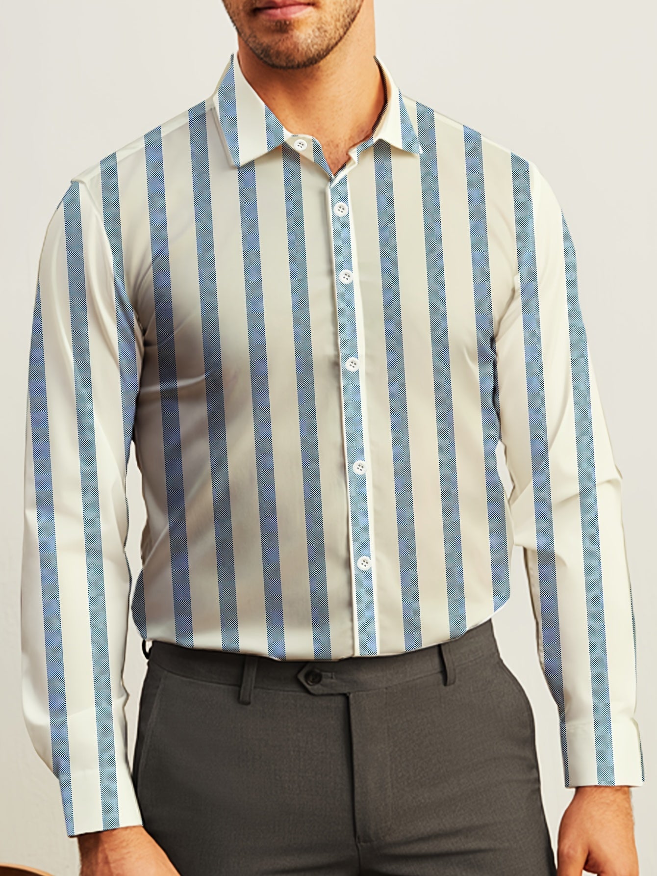 Men's Striped Lapel Collar Dress Shirts, Long Sleeve .