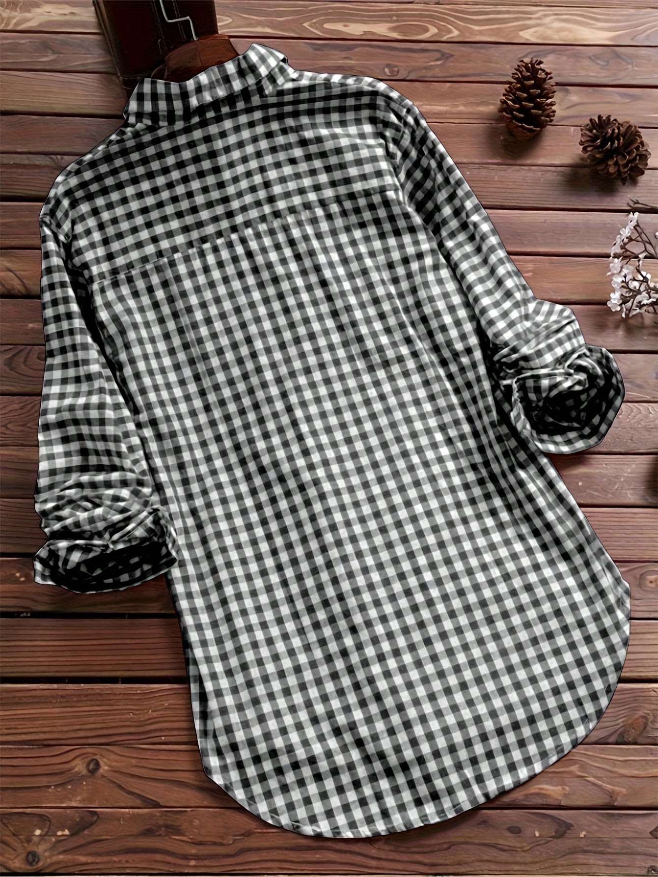 Women'S Casual Long Sleeve Gingham Check Shirt - Light Blue & White,