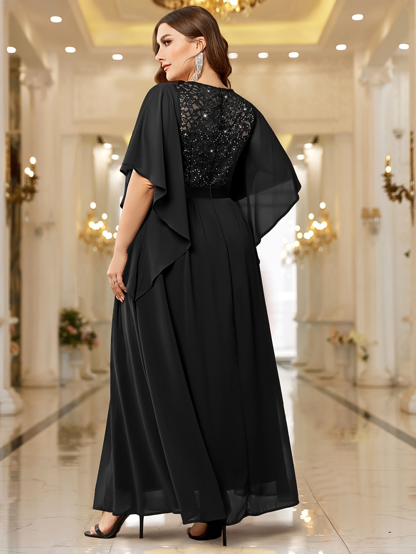 Elegant Plus Size Women's Butterfly Sleeve Sequin Lace Evening Dress .MH