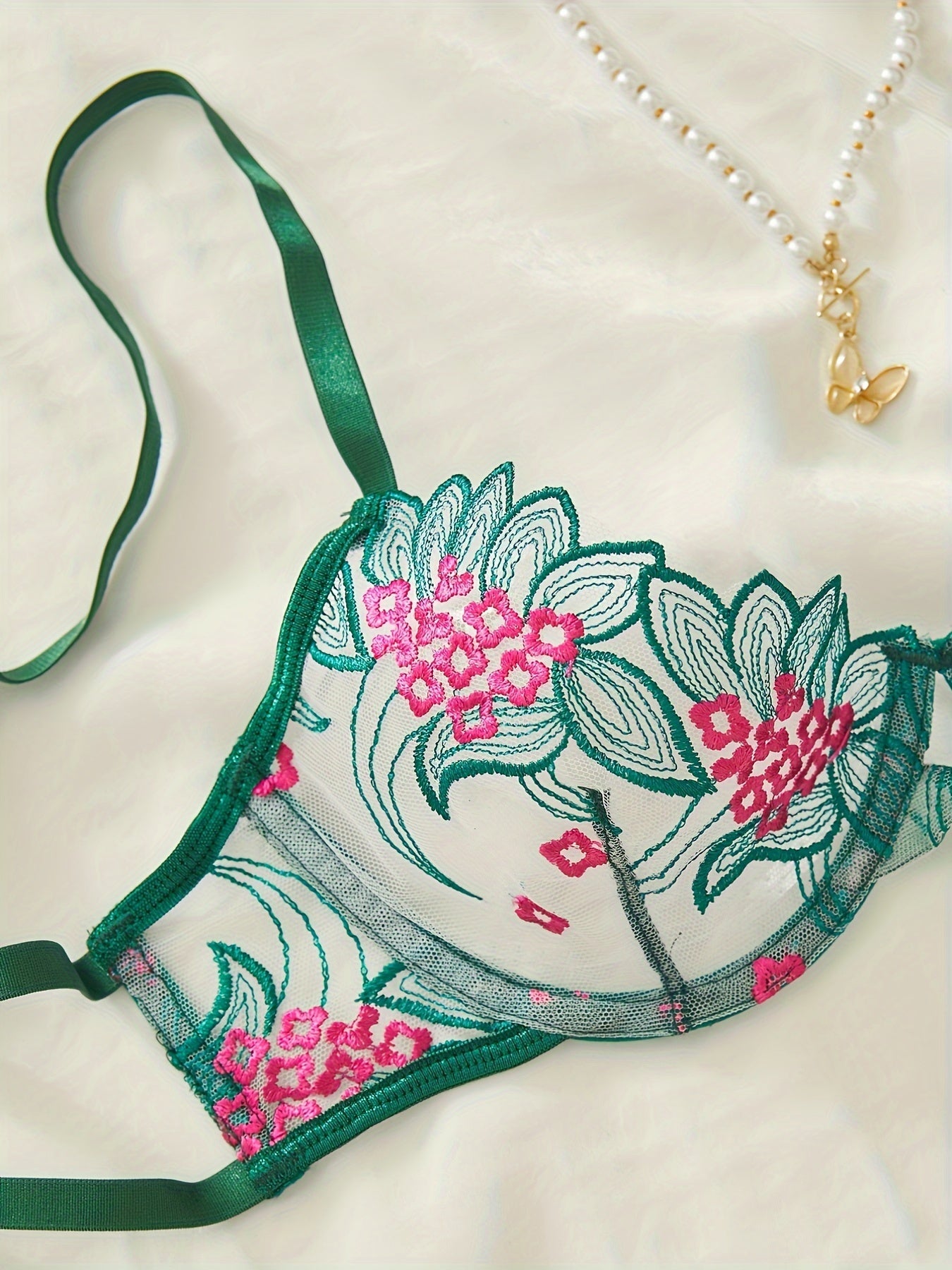 Elegant Lingerie Set, Floral Embroidery Mesh Cami Bra & Panties, /MH
