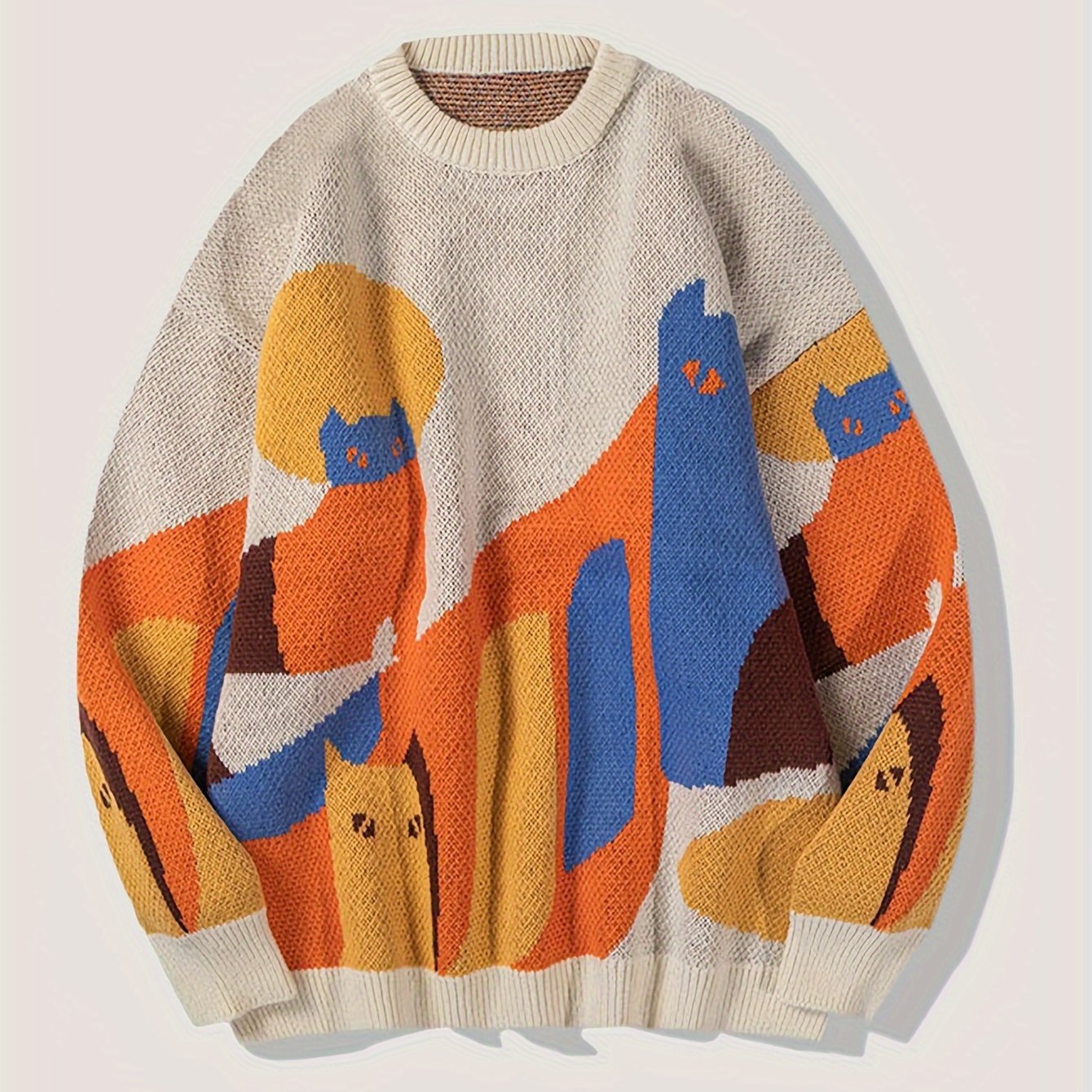 Cute Cat Pattern Knitted Sweater, Men's Casual Warm Mid Stretch .