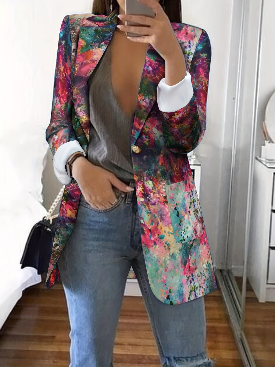 Letter Print Lapel Blazer, Casual One Button Long Sleeve Outerwear,