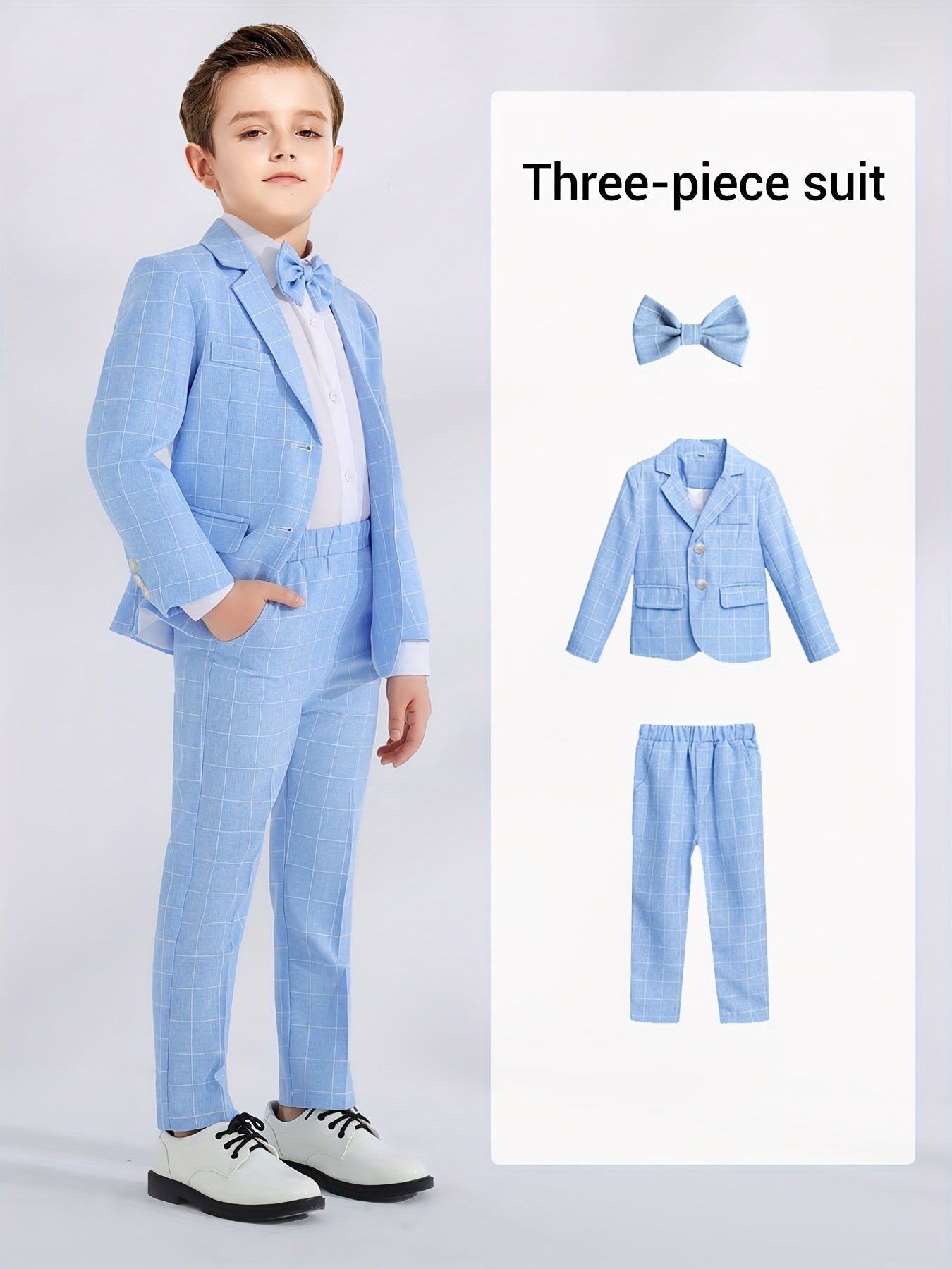 3pcs Boys Formal Plaid Gentleman Outfits, Long Sleeve Blazer.