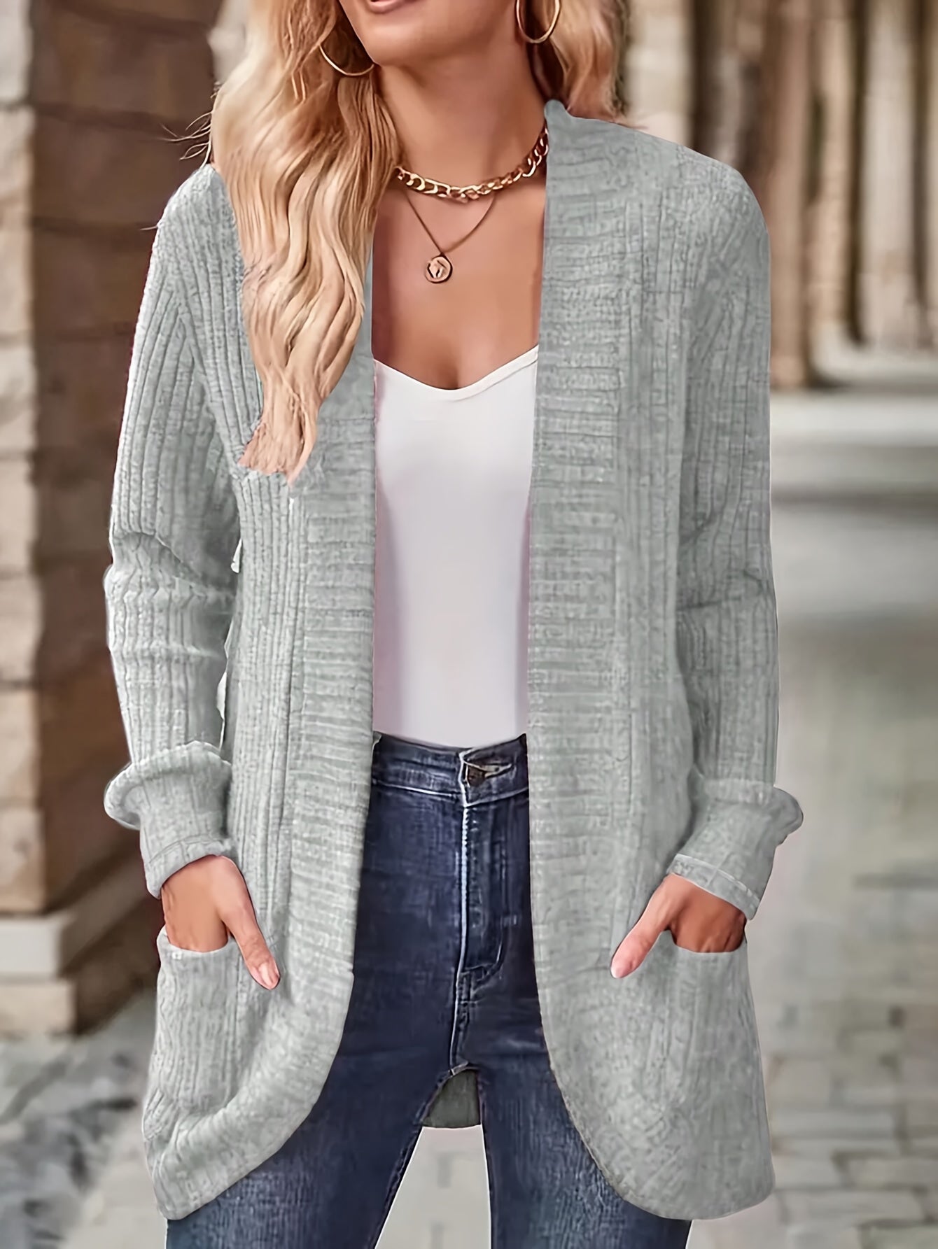 1pc Women'S Solid Color Polyester Cardigan Jacket with Pockets,