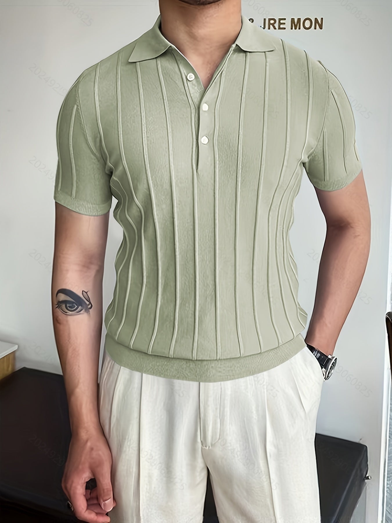 Vertical Striped Chic Shirt, Men's Casual Solid Color High Stretch .