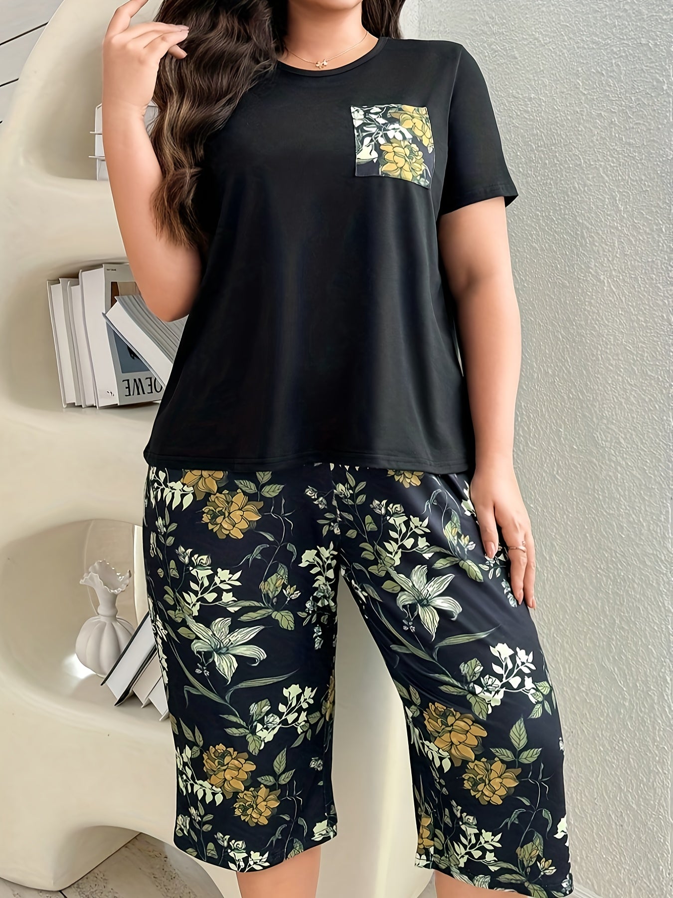 [Plus Size Pajama] Plus Size Round Neck Pocket T-Shirt ./MH