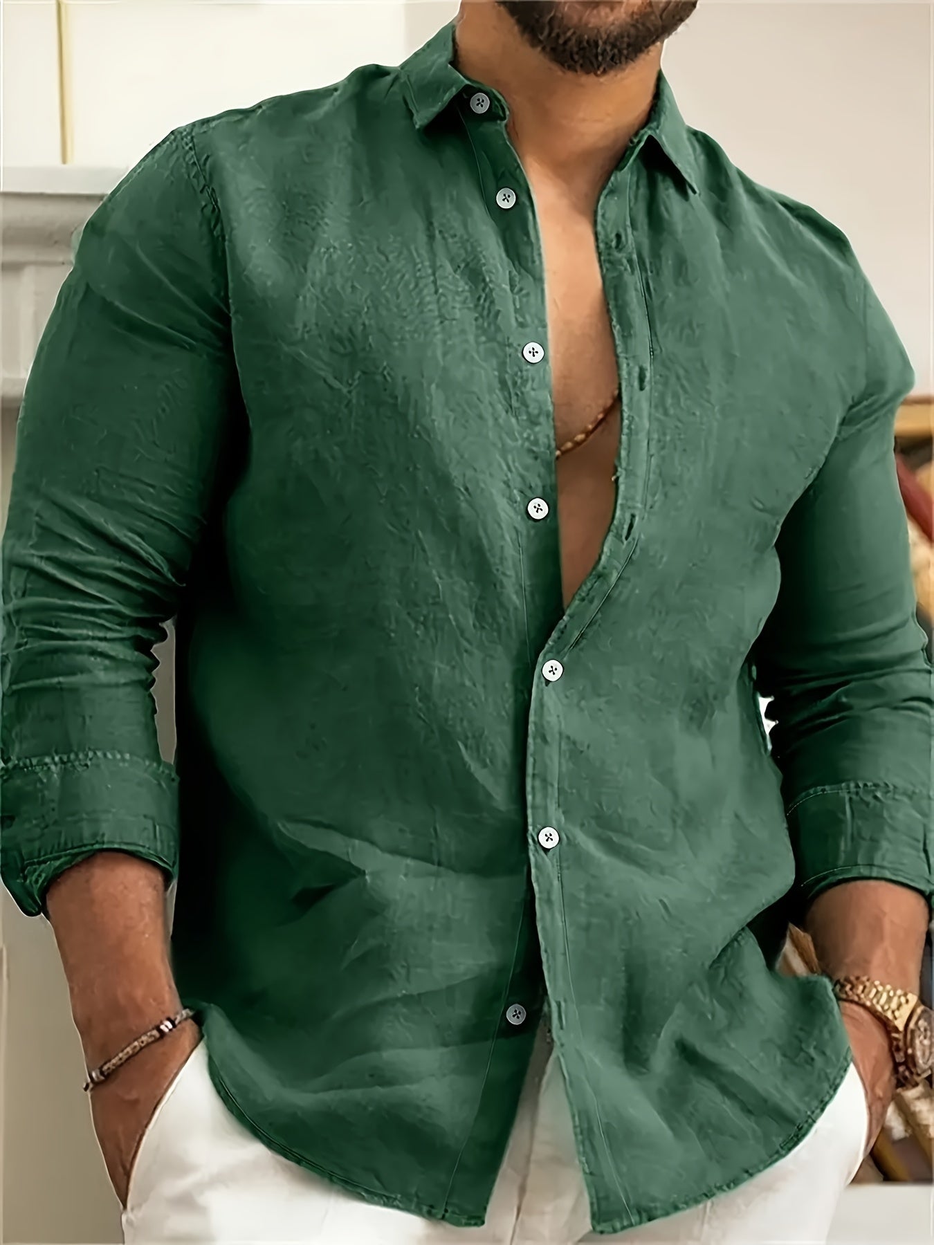 Men's Solid Color Lapel Collar Long Sleeve Casual Shirts,