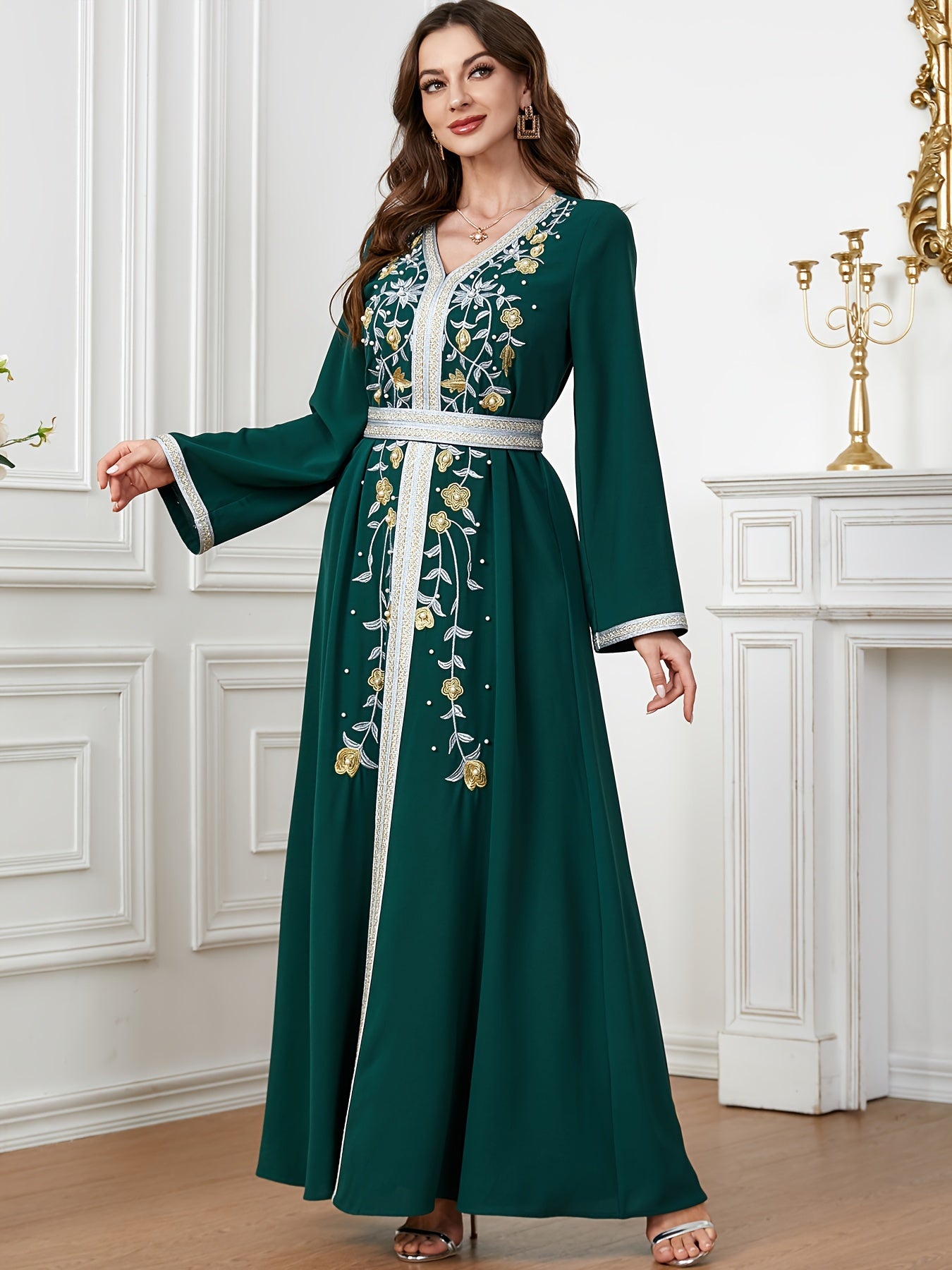 Ramadan Beaded Floral Pattern Kaftan, Elegant Long Sleeve 'MH