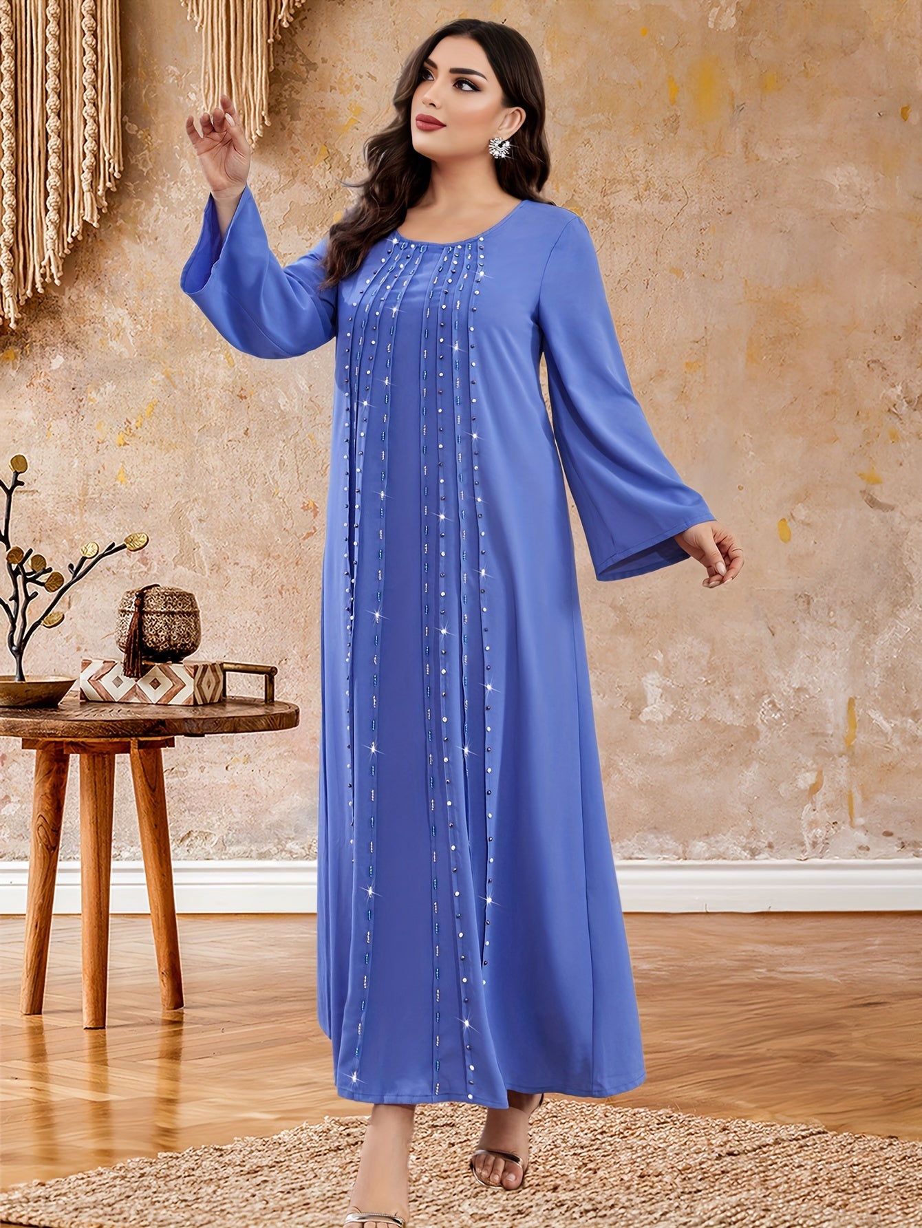 Bead Decor Crew Neck Kaftan Dress, Elegant Long Sleeve'/MH