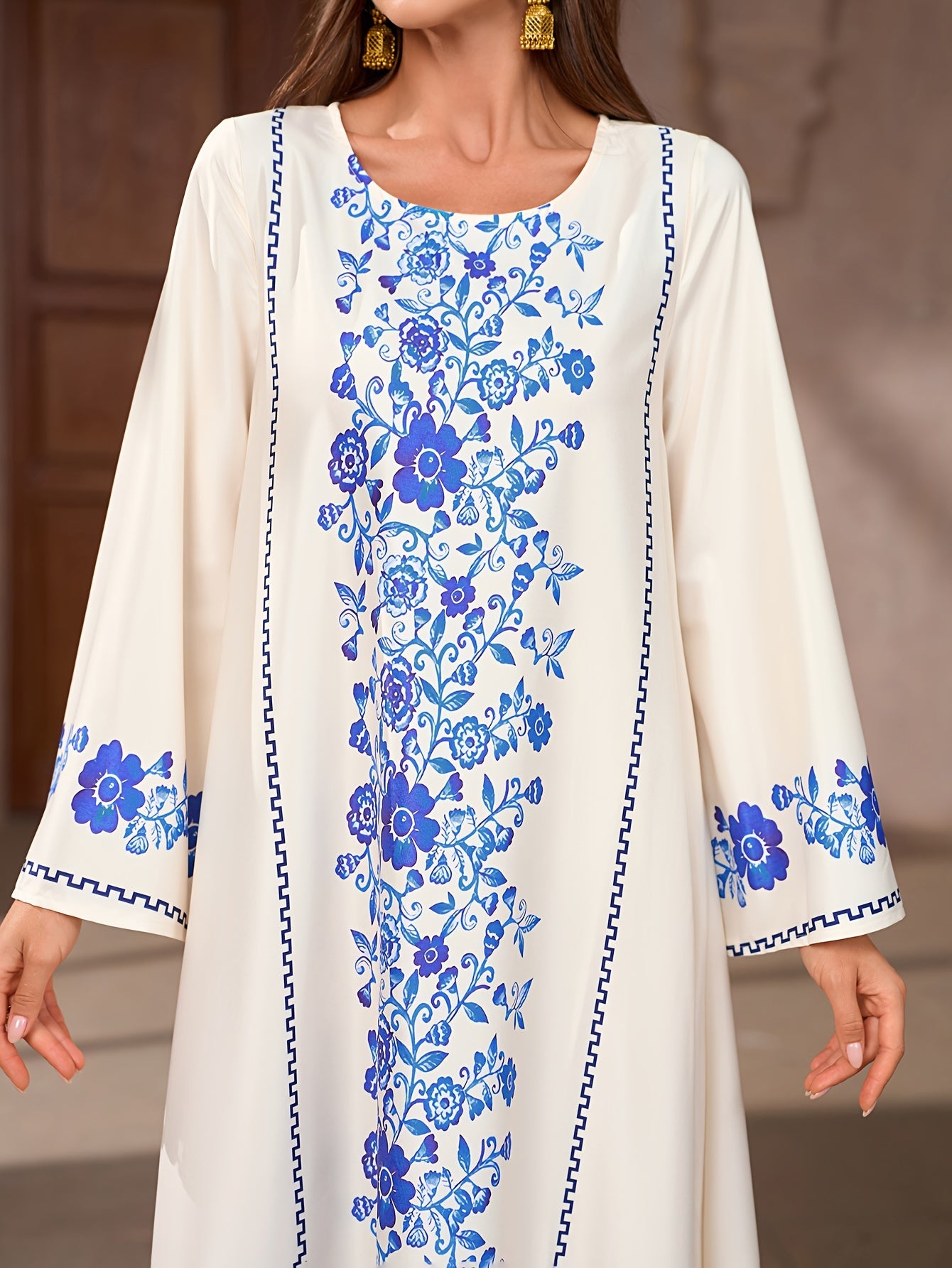 Floral Print Crew Neck Kaftan Dress, Elegant Long Sleeve 'MH