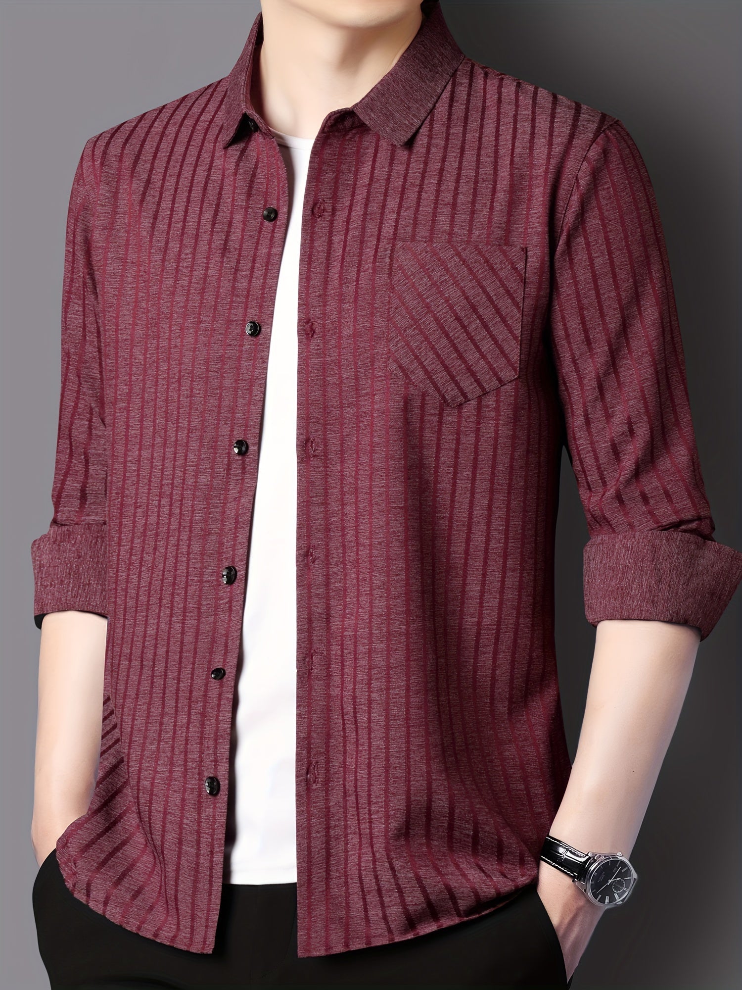 Men's Striped Lapel Collar Design Dress Shirts, Long Sleeve.