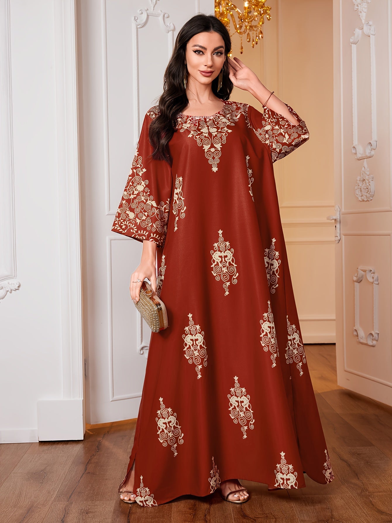 Ramadan Ethnic Floral Print Crew Neck Kaftan Dress, /MH