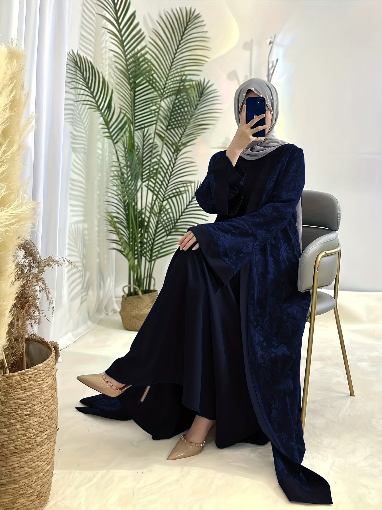 Cultural Grace, Elegant Light Blue Floral Abaya Set - /MH