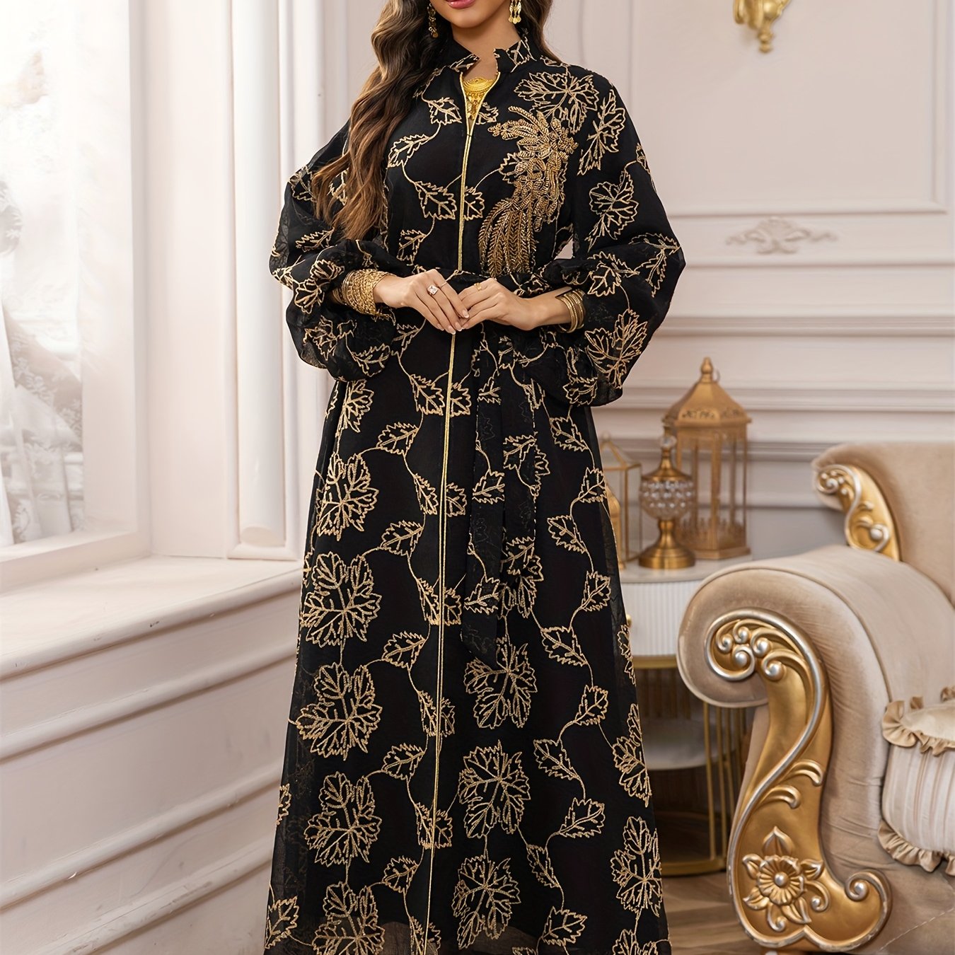 Dubai Floral Embroidery Belted Dress Belt included Lantern Sleeve/MH