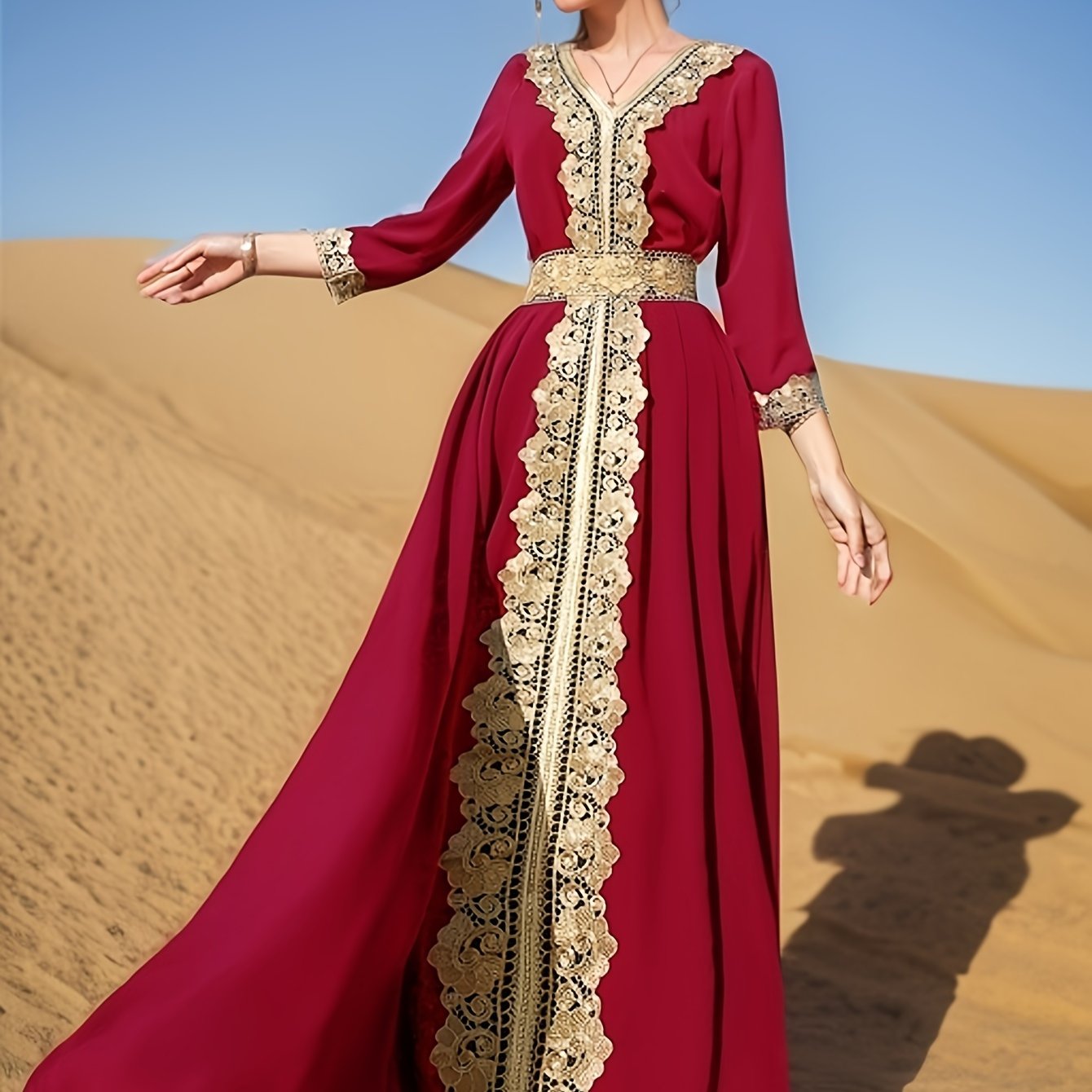 Ramadan Lace Trim V Neck Kaftan, Elegant Long Sleeve 'MH
