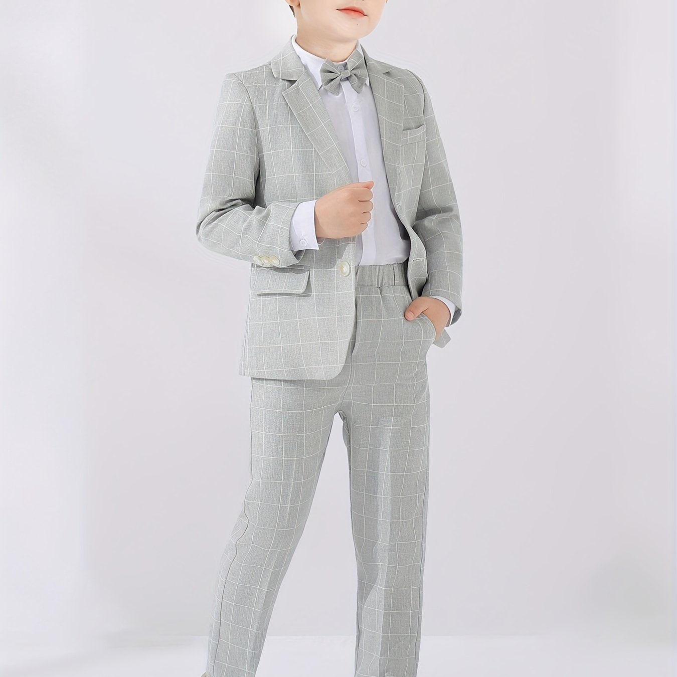3pcs Boys Formal Plaid Gentleman Outfits, Long Sleeve Blazer.