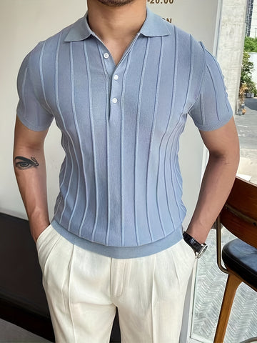 Vertical Striped Chic Shirt, Men's Casual Solid Color High Stretch .