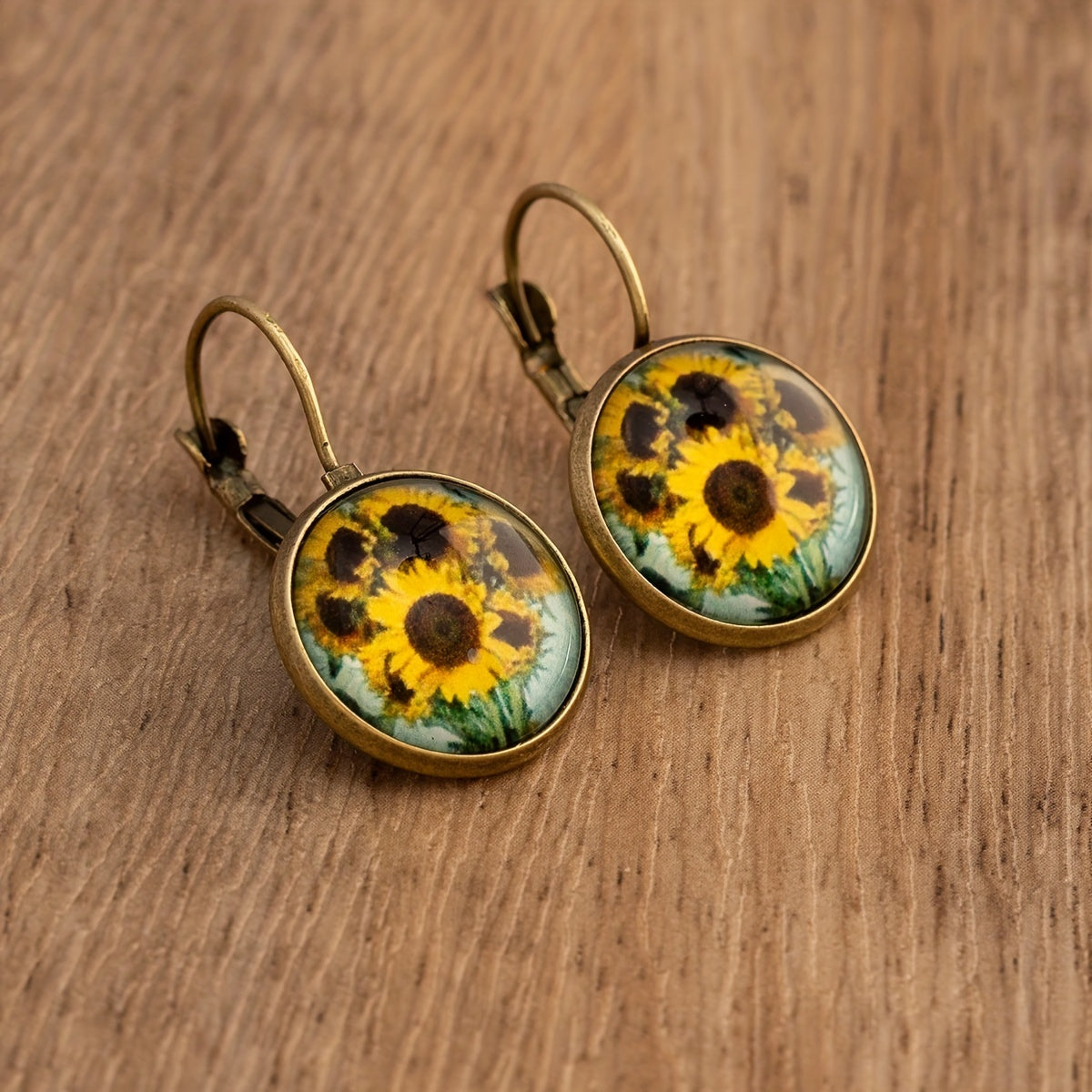 Rose Sunflower Print Retro Round Earrings Copper Jewelry Female Trendy Gift Daily Wear Accessories