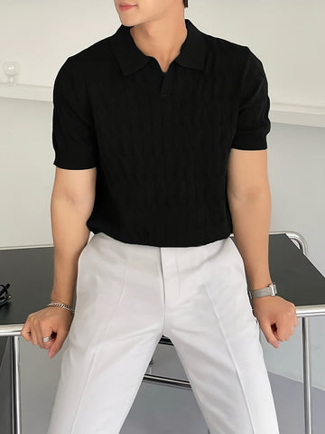 Chic Knit Shirt, Men's Casual Lapel Mid Stretch V-Neck Pullover Sweater
