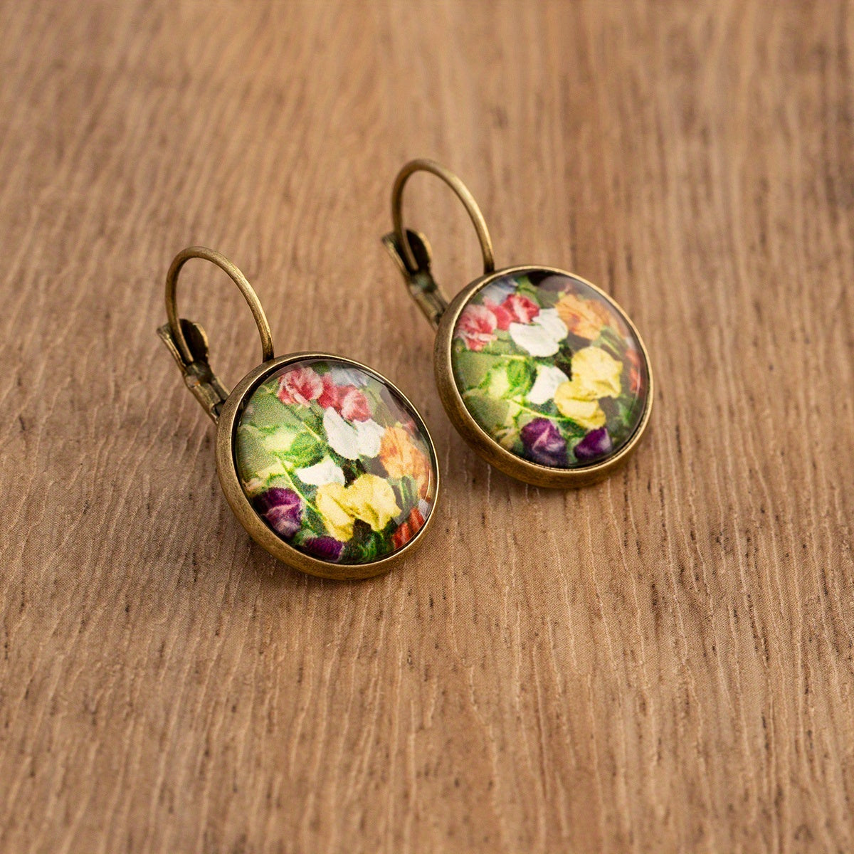 Rose Sunflower Print Retro Round Earrings Copper Jewelry Female Trendy Gift Daily Wear Accessories