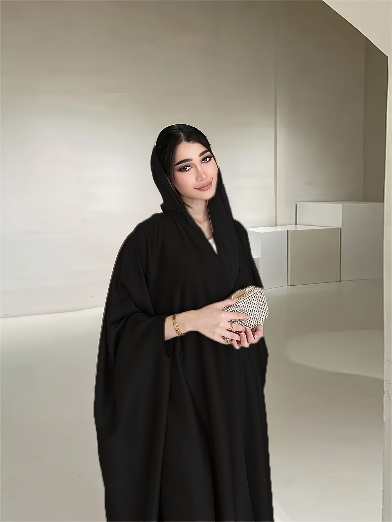 Open Front Hoodie Kaftan Dress, Elegant Long Batwing Sleeve Non-Stretch '/MH
