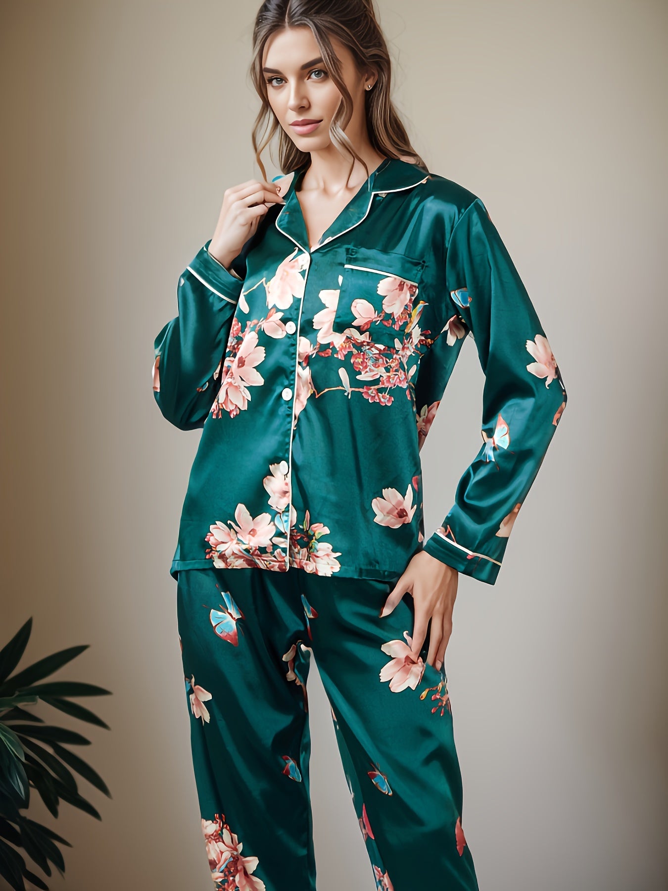 Floral Print Satin Pajama Set,