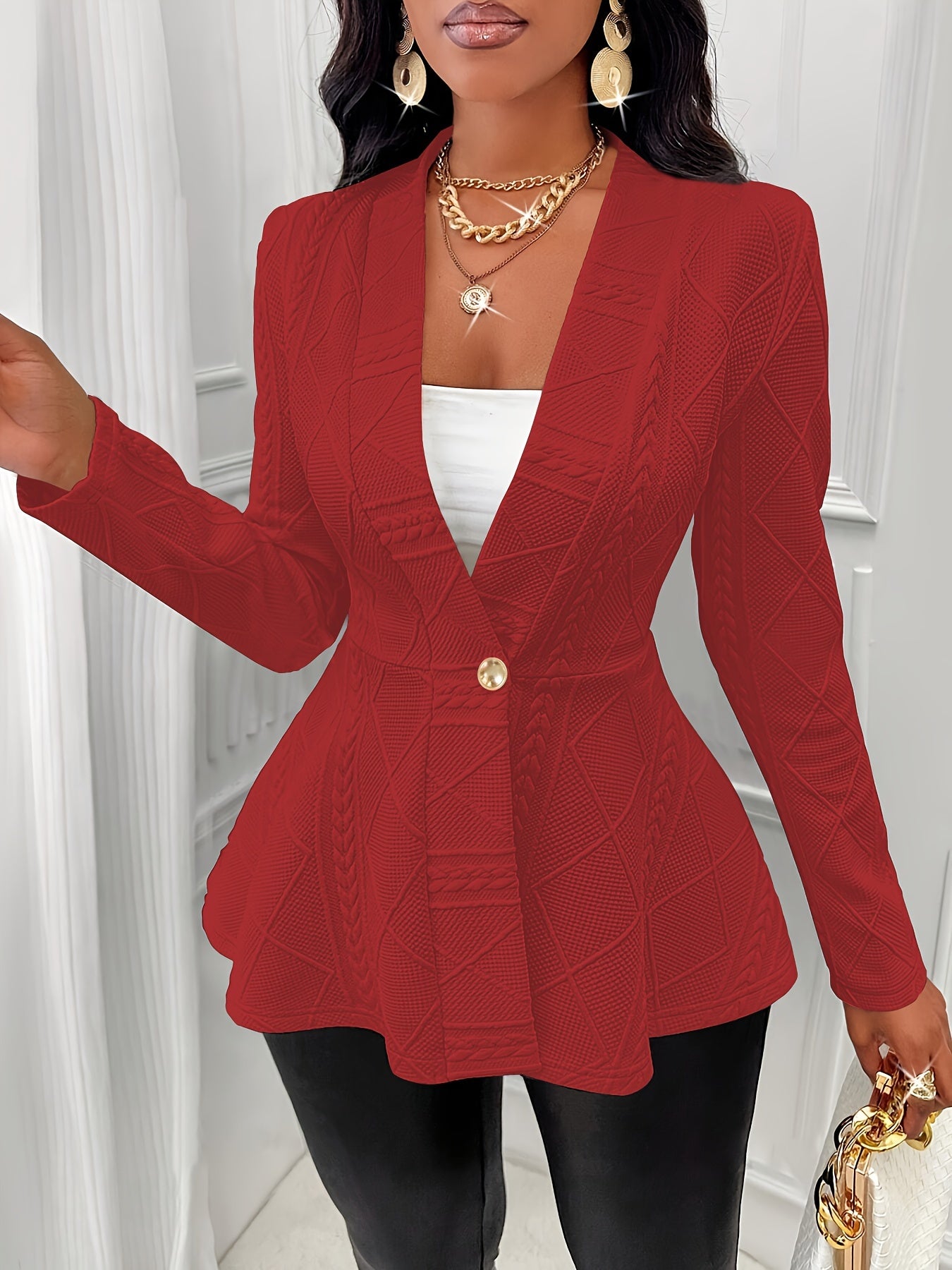 Solid Textured Single Button Waist Blazer, Elegant Long Sleeve .