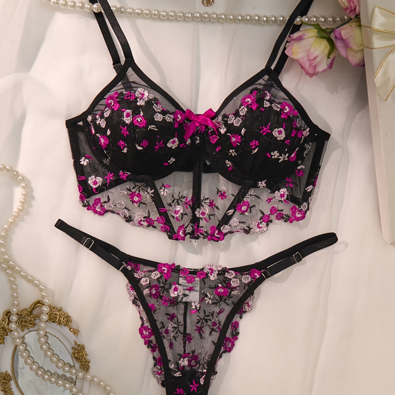 Sexy Lingerie Set, Floral Embroidery Mesh Semi Sheer Cami Bra & Panties, /MH