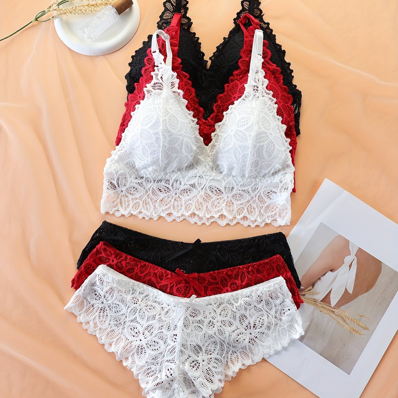 3 Sets Floral Lace Bra & Panties, Wireless Push Up Bra ./MH