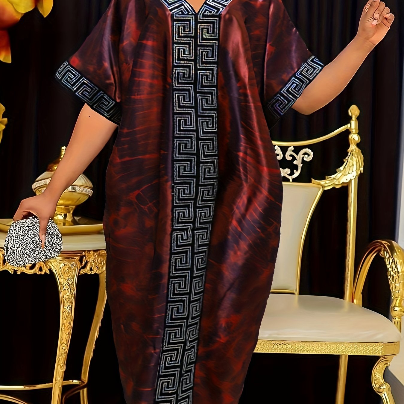 Abstract Print Greek Pattern Kaftan Dress, Elegant Half Sleeve'/MH