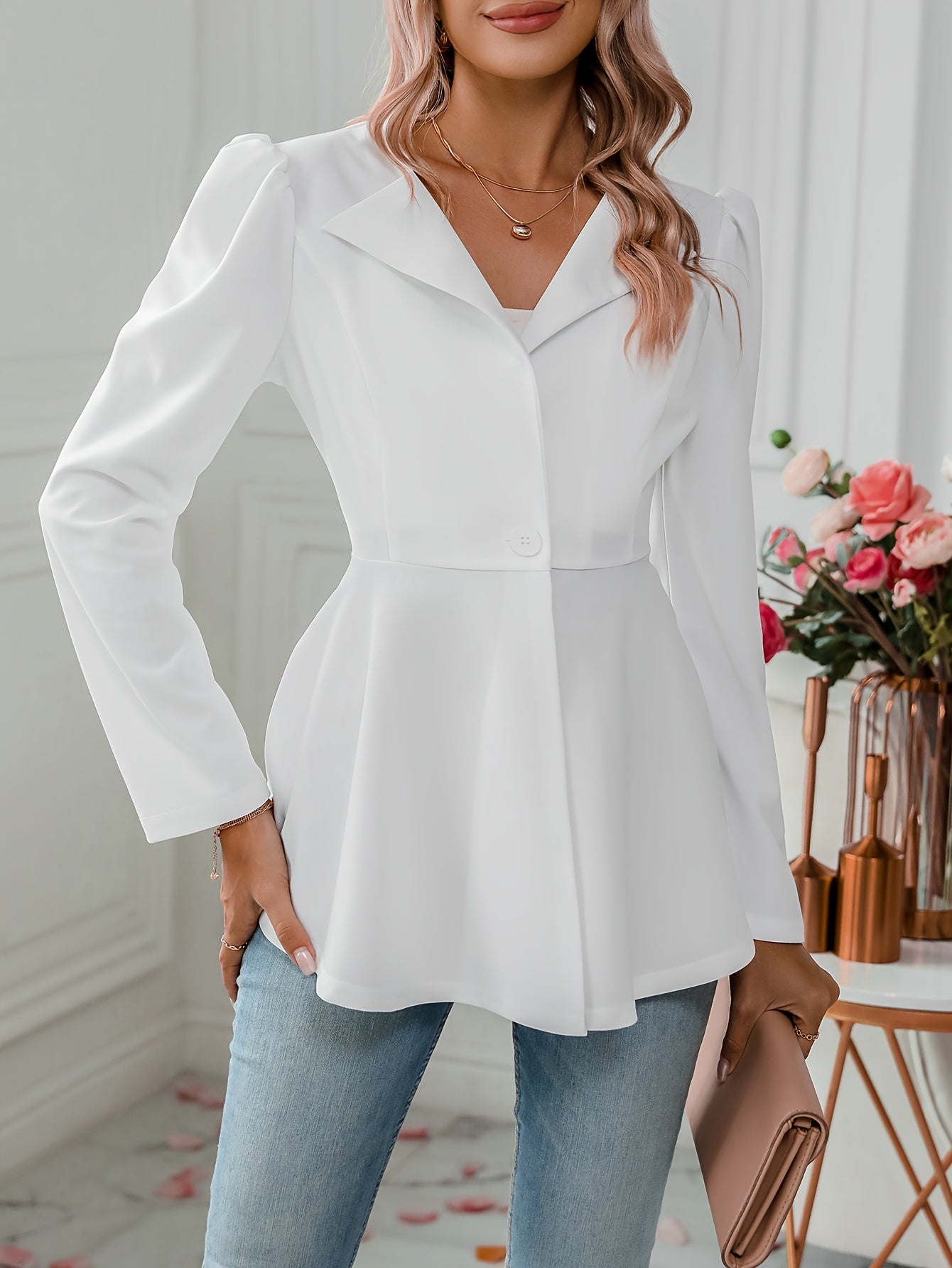 Notched Collar Flare Blazer, Elegant Long Sleeve Button Front Coat,